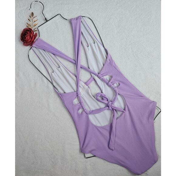 BECCA by Rebecca Virtue Fine Line Rib Skylar Plunge One-Piece Size Medium Purple - Picture 5 of 16